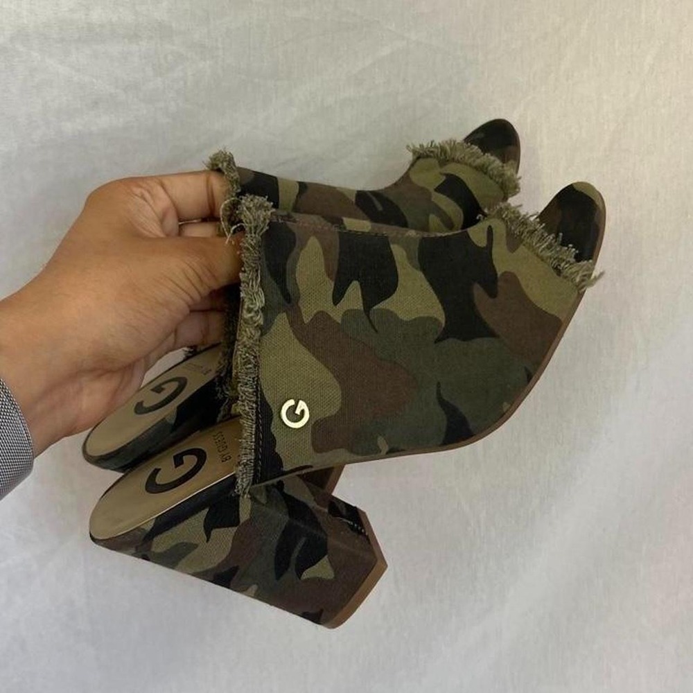GUESS Camo Canvas Frayed Open Toe Mule Heels